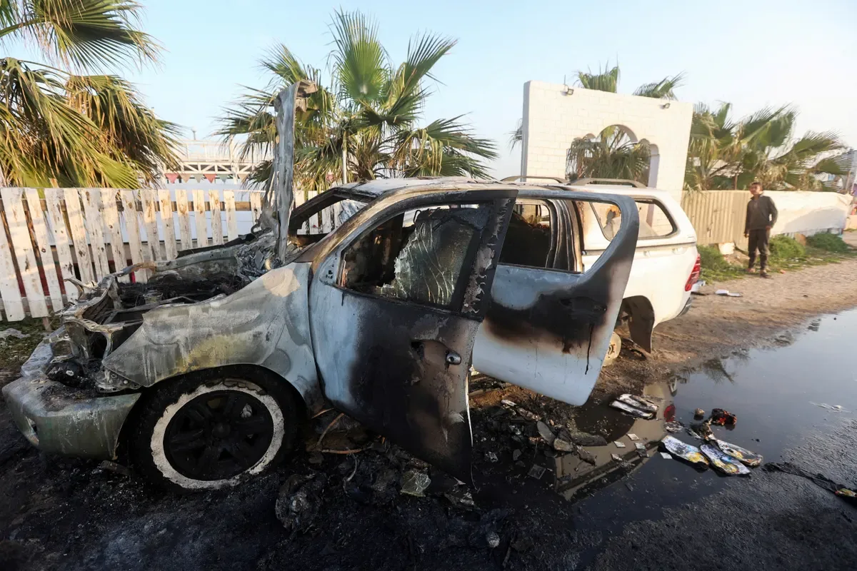 A destroyed aid vehicle