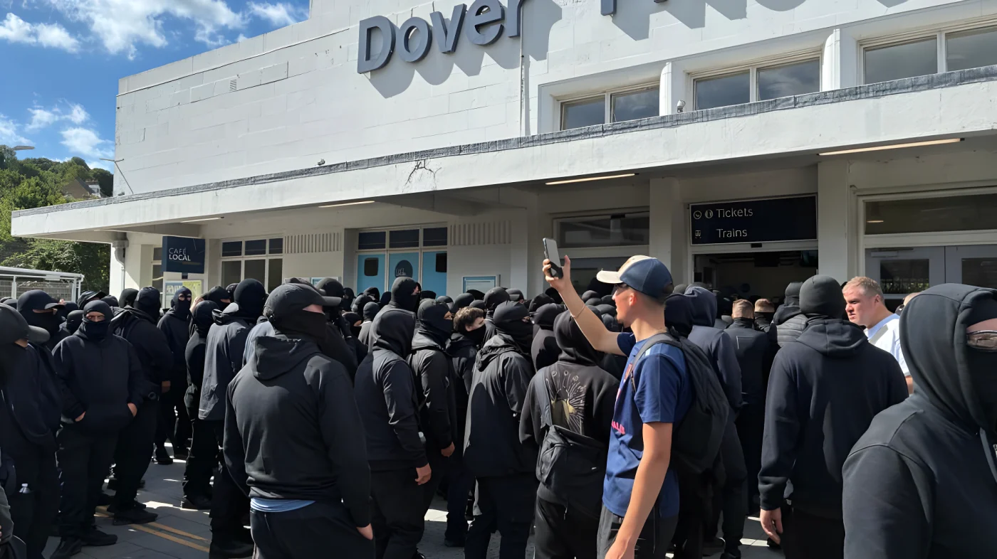 A large group of men dressed in black and wearing face coverings. They are congregating at the entrance to Dover Priory railway station.
