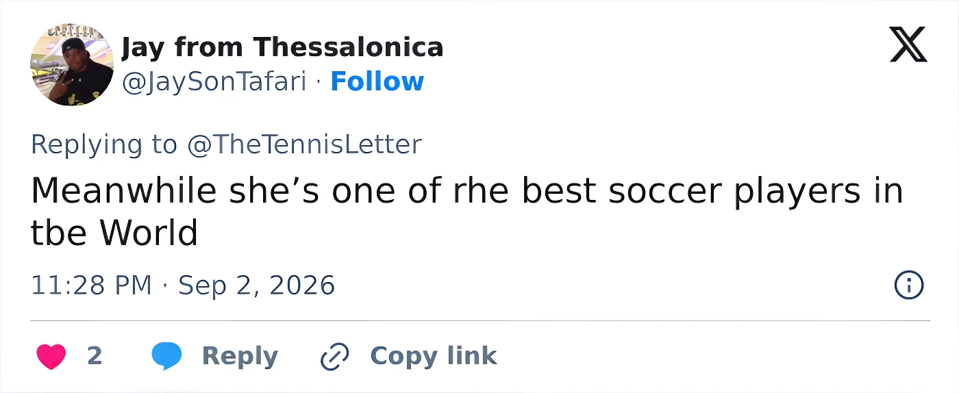 A screenshot of a tweet about the woman dancing at US Open being a great soccer player, a viral sensation