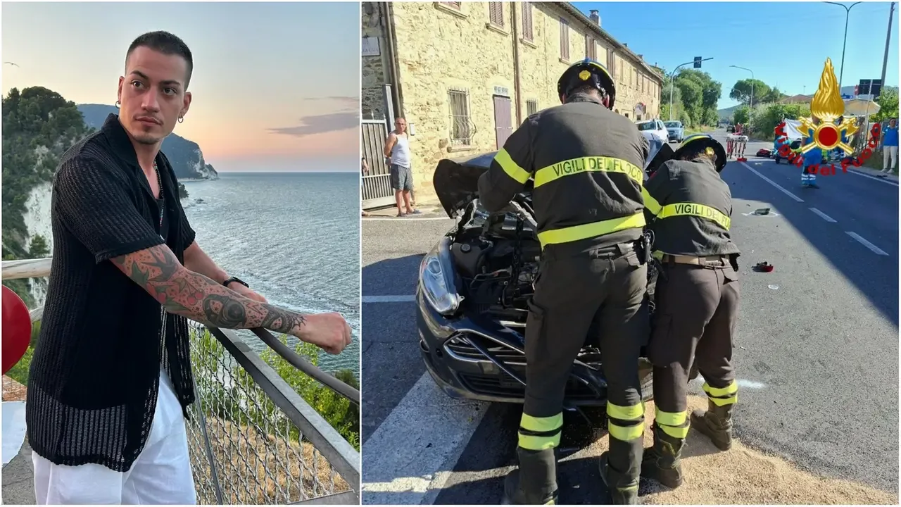 A sinistra la vittima, Samuele Pistellini; a destra i vigili del fuoco sul luogo dell