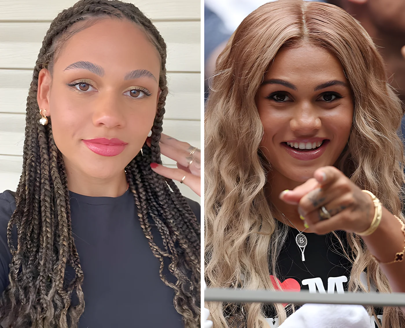 A split image shows a woman with braided hair on the left, and a woman dancing at the US Open on the right.