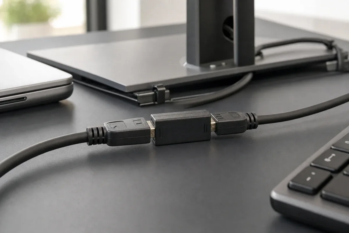 Accoppiatore DisplayPort nero che unisce due cavi su una scrivania, con base del monitor sfocata sullo sfondo