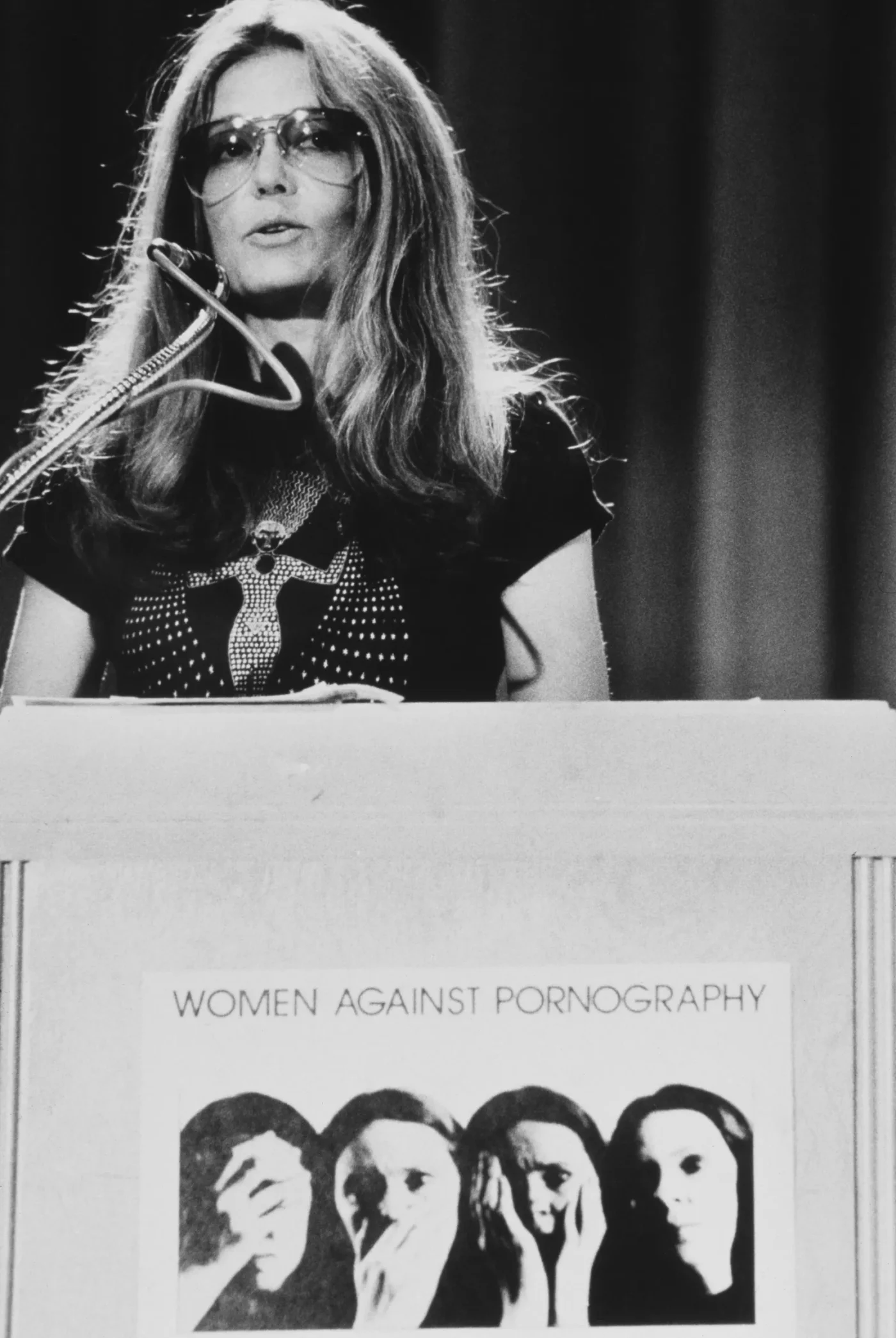 American feminist journalist and political activist Gloria Steinem speaking at a Women Against Pornography conference at...