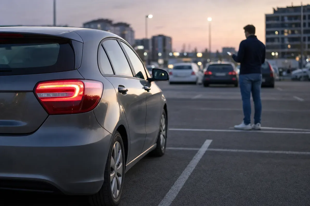 Auto grigia parcheggiata al tramonto, con una persona sullo sfondo che usa uno smartphone nel parcheggio