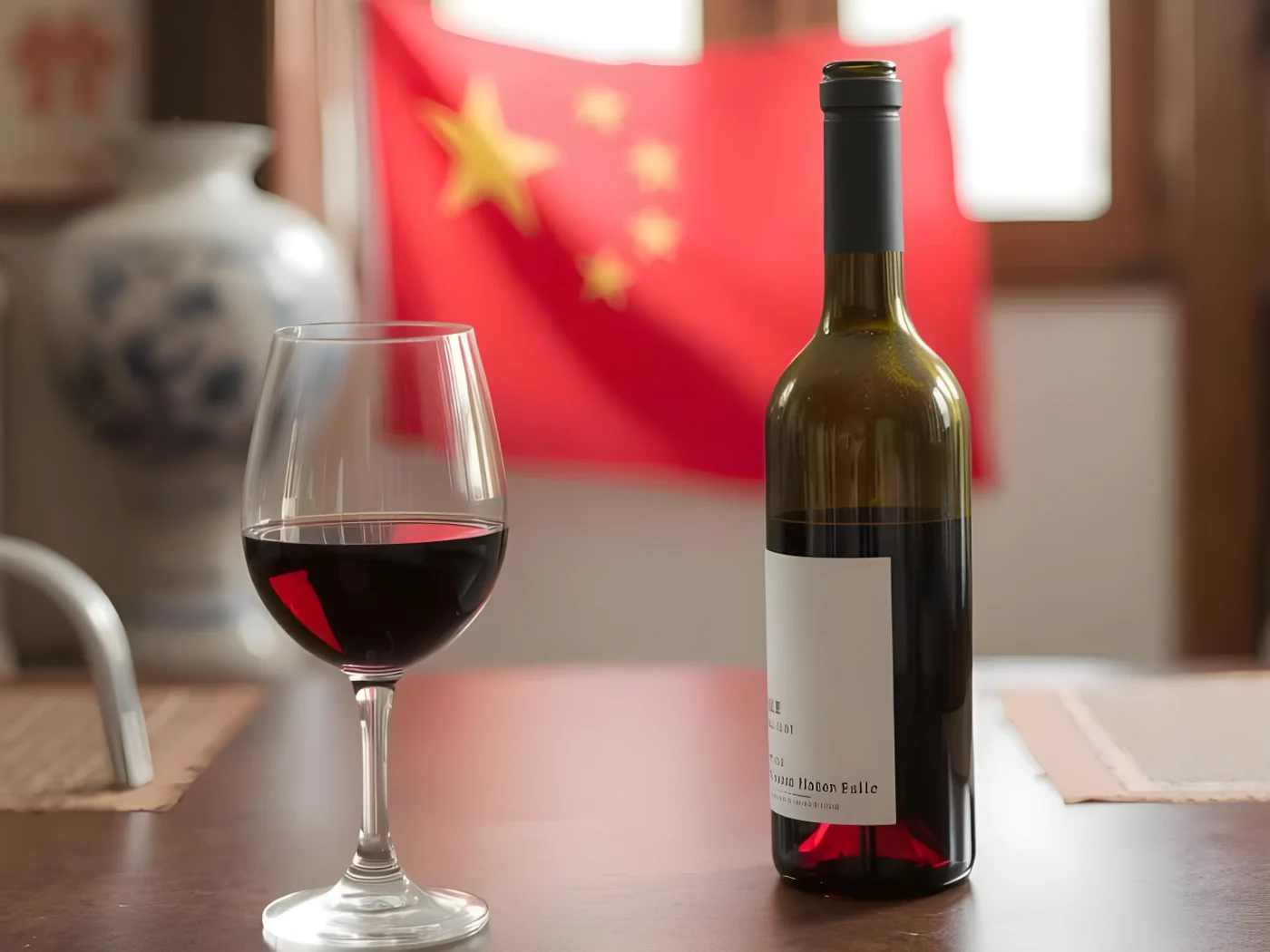 Bottiglia di vino con dietro una bandiera della Cina