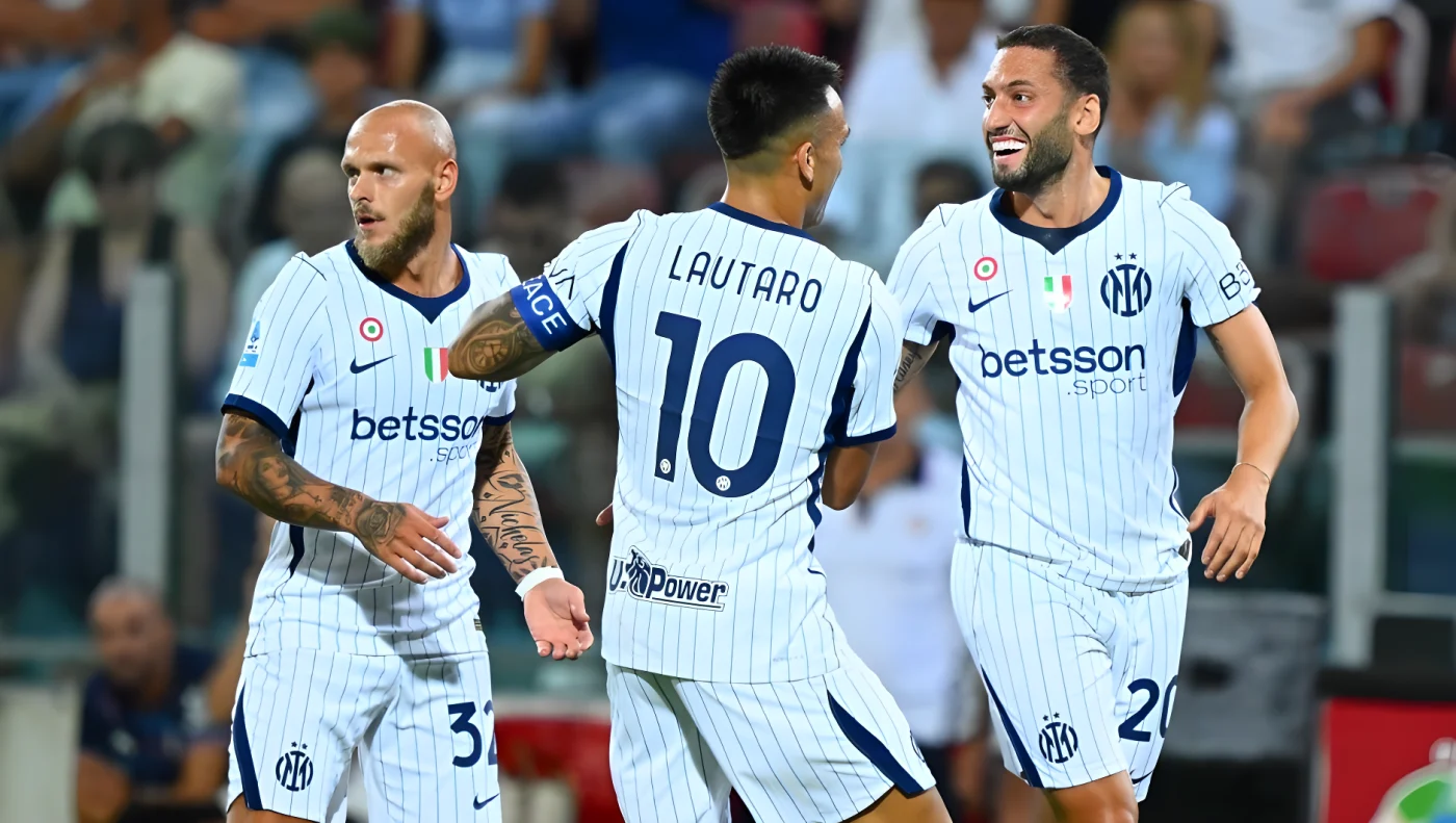 CAGLIARI, ITALY - AUGUST 30: Hakan Calhanoglu of FC Internazionale celebrates after scoring the goal during the Serie A match between Cagliari Calcio and FC Internazionale at Unipol Domus on August 30, 2026 in Cagliari, Italy. (Photo by Mattia Pistoia - Inter/Inter via Getty Images)