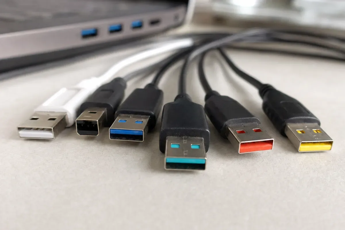 Connettori USB-A con linguette interne di colori diversi su una scrivania, con laptop sfocato sullo sfondo