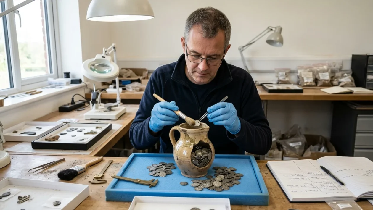 Antica brocca di ceramica contenente monete medievali d'argento