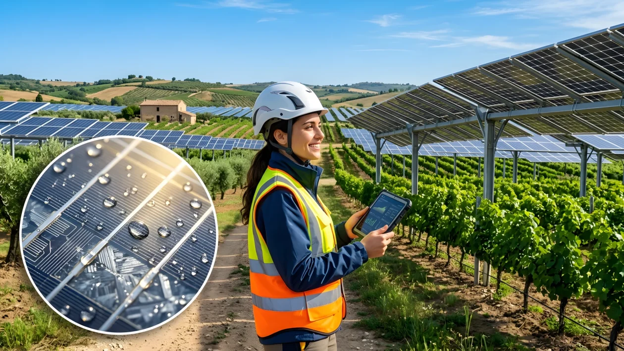 Impianto agrifotovoltaico moderno installato su terreno agricolo