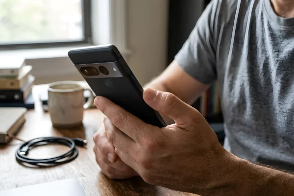 Smartphone Android con il pollice posizionato vicino al tasto laterale di accensione