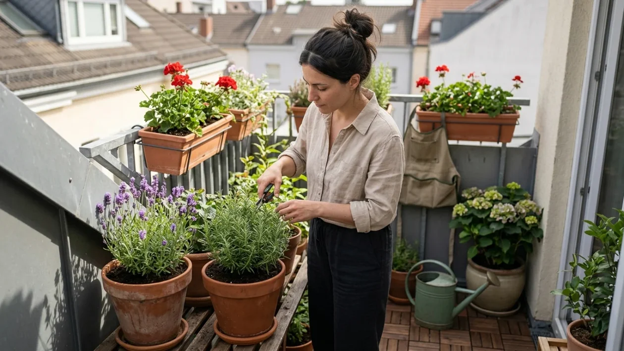 Pianta di lavanda in vaso su un balcone soleggiato