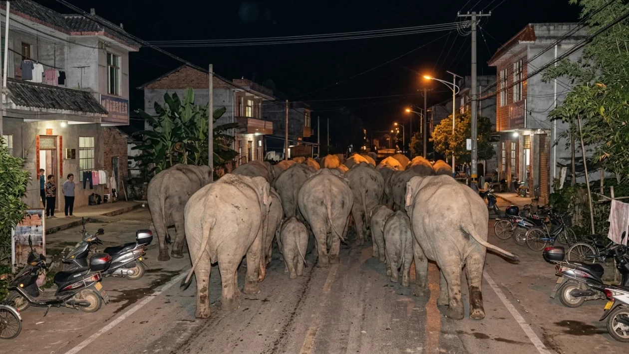 Branco di elefanti asiatici selvatici in cammino nella provincia dello Yunnan