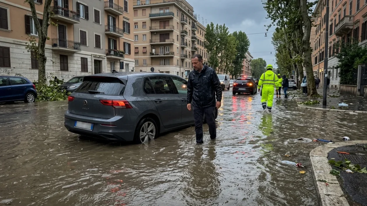 Automobili bloccate lungo una strada allagata a Roma Nord durante un violento nubifragio
