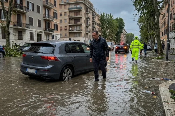 Automobili bloccate lungo una strada allagata a Roma Nord durante un violento nubifragio