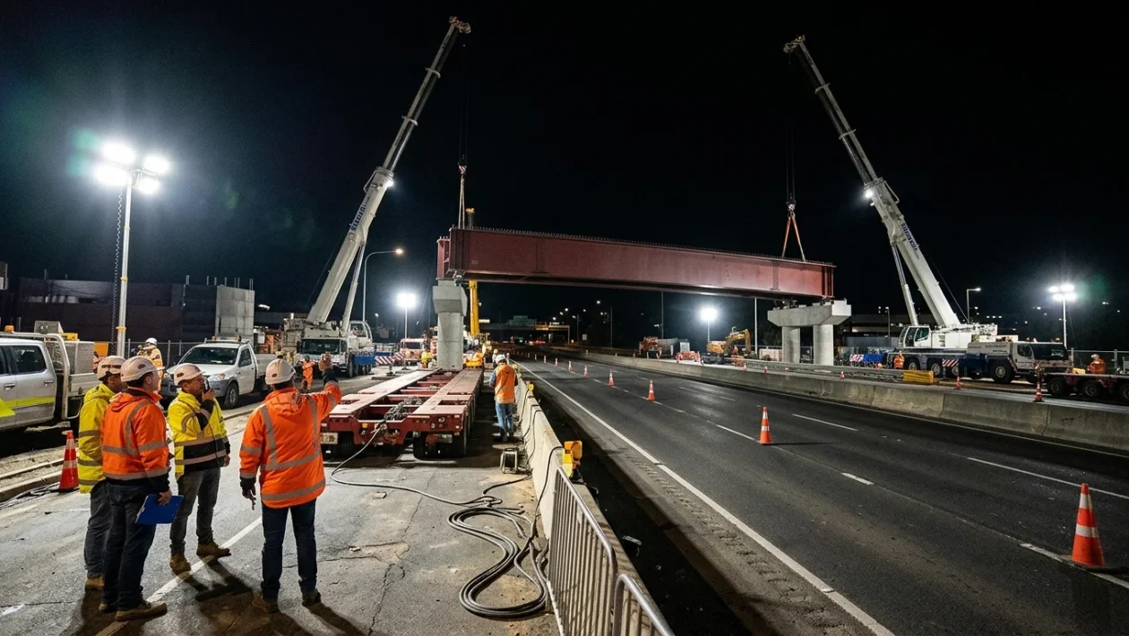 Cantiere notturno per il varo del cavalcavia autostradale sulla A4