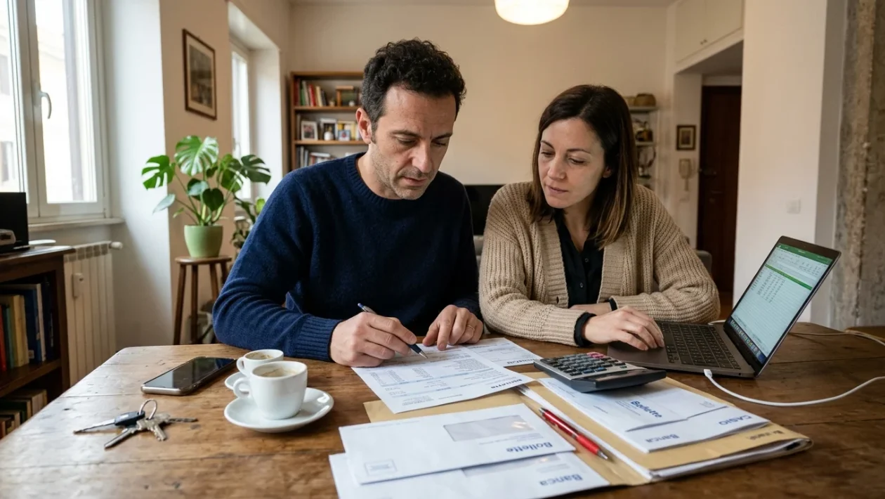 Documenti DSU e calcolo ISEE sul tavolo con calcolatrice e modelli fiscali