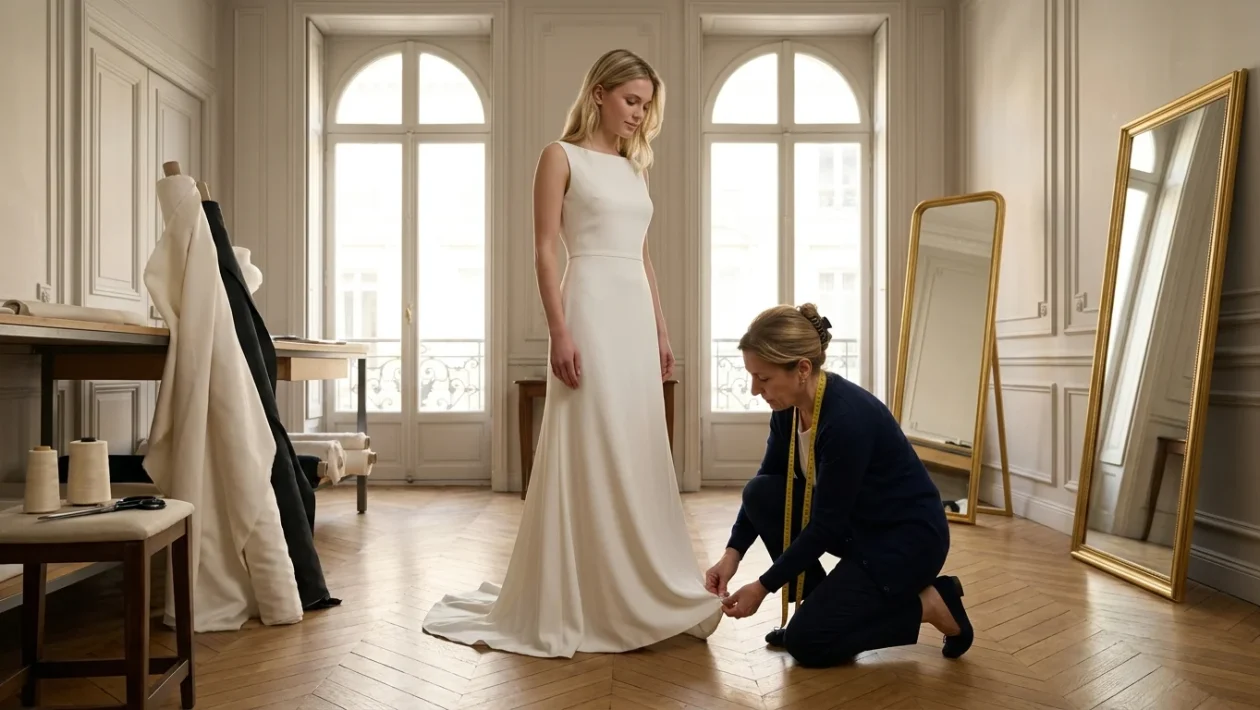 Dettaglio sartoriale di un elegante abito bianco da cerimonia in tessuto pregiato