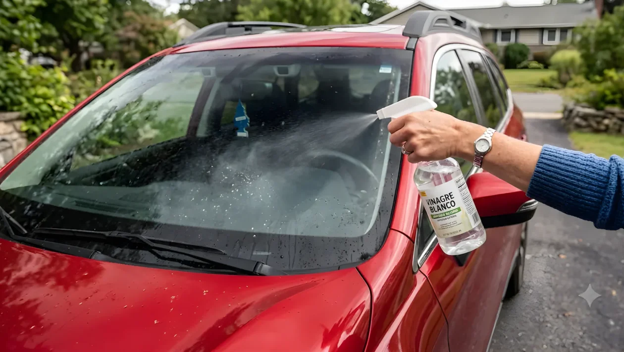 Aceto e acqua al 50%: la formula esatta per togliere calcare e macchie dal parabrezza