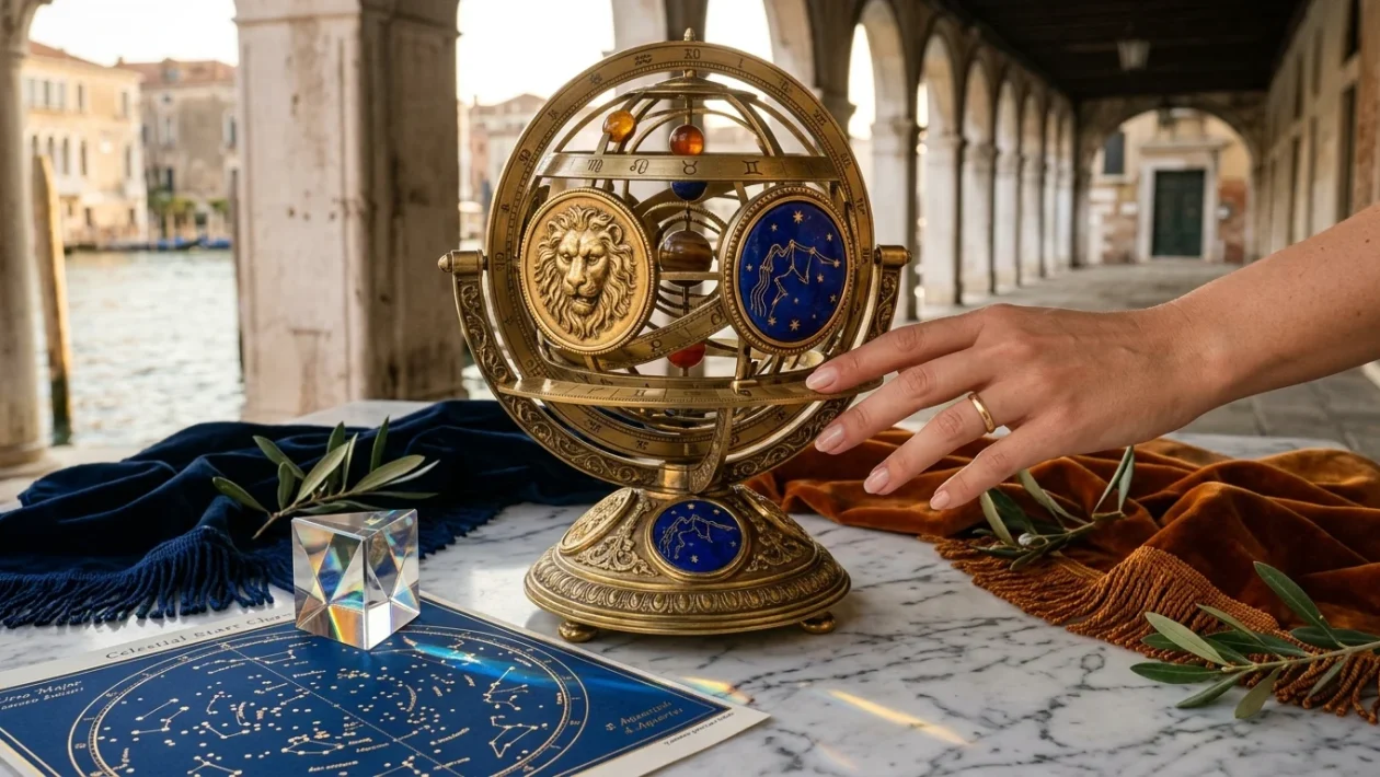 Rappresentazione astrologica della combinazione zodiacale Acquario ascendente Leone con simboli celesti