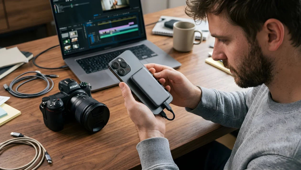 Smartphone con SSD esterno magnetico collegato via USB-C su scrivania, con fotocamera e laptop sullo sfondo