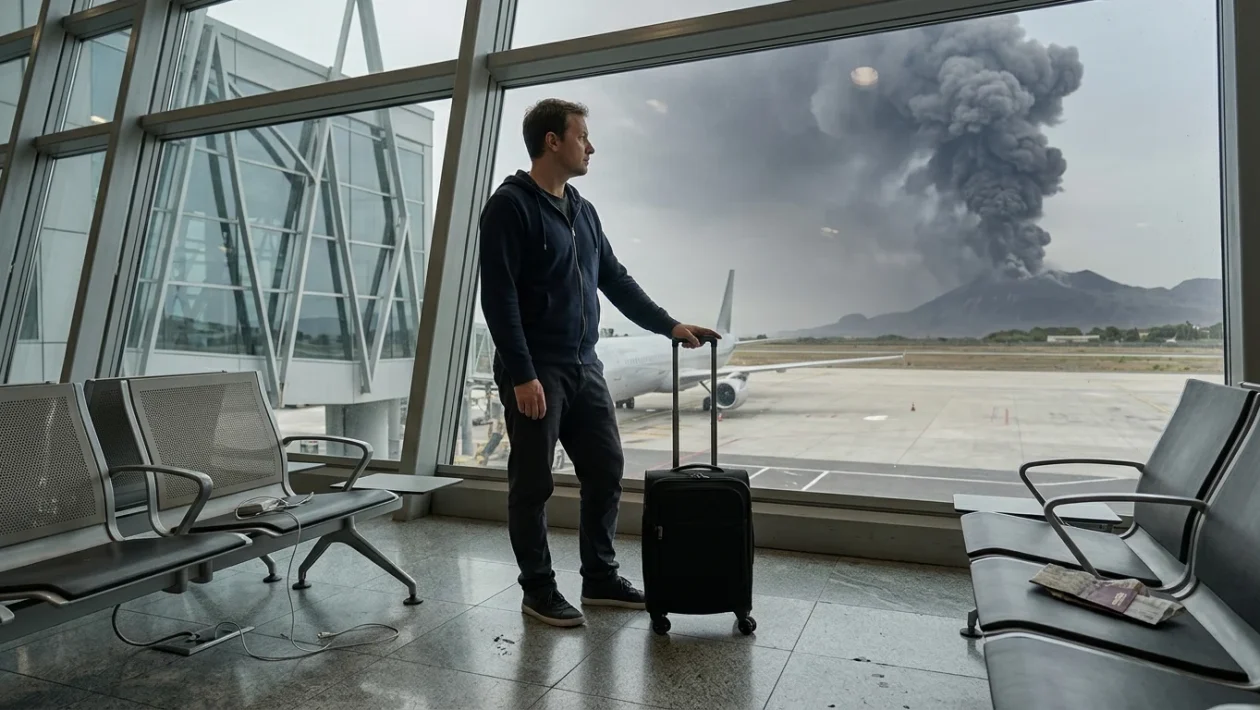 Aereo fermo sulla pista con una nube di cenere vulcanica sullo sfondo