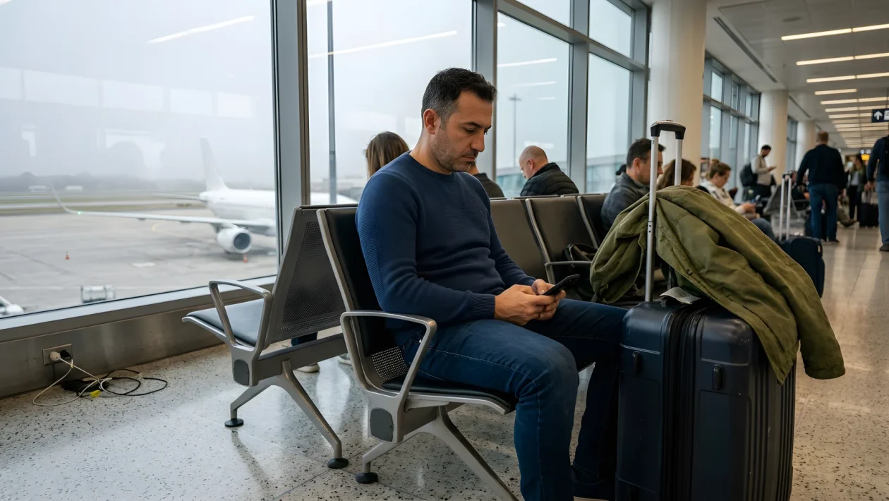Tabellone voli e pista dell'aeroporto di Catania Fontanarossa durante il blocco del traffico aereo