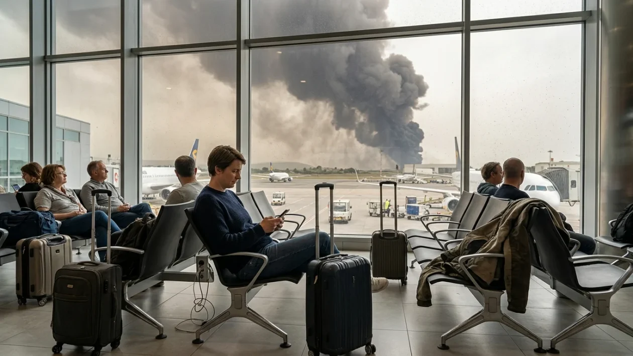 Pista dell'aeroporto di Catania con il vulcano Etna sullo sfondo durante l'eruzione