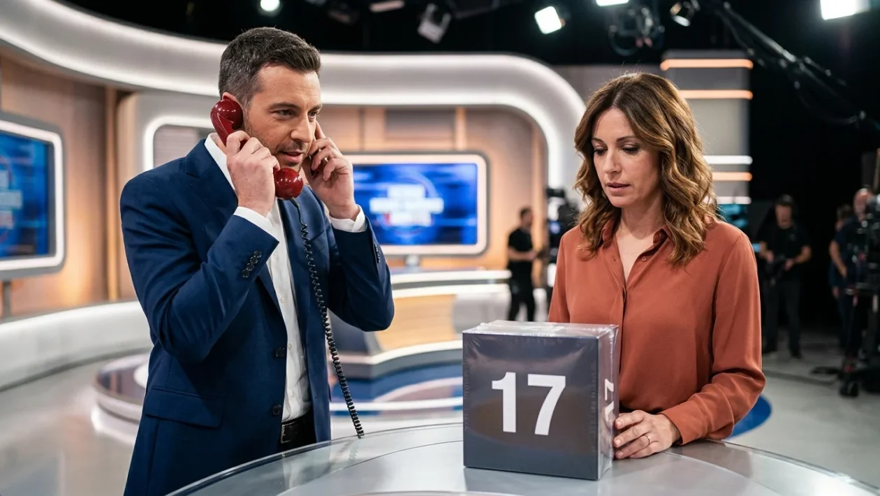 Studio televisivo del programma Affari Tuoi con il conduttore e i pacchi azzurri