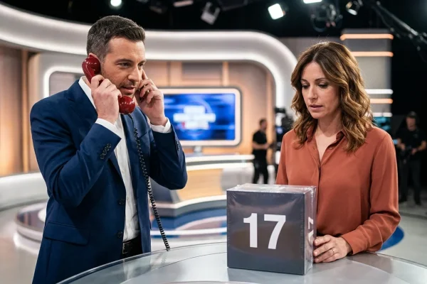 Studio televisivo del programma Affari Tuoi con il conduttore e i pacchi azzurri
