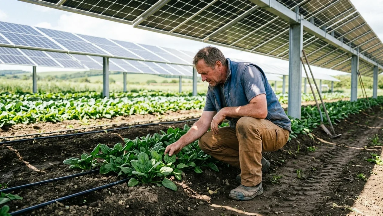 Pannelli agrivoltaici rialzati installati su un terreno agricolo coltivato