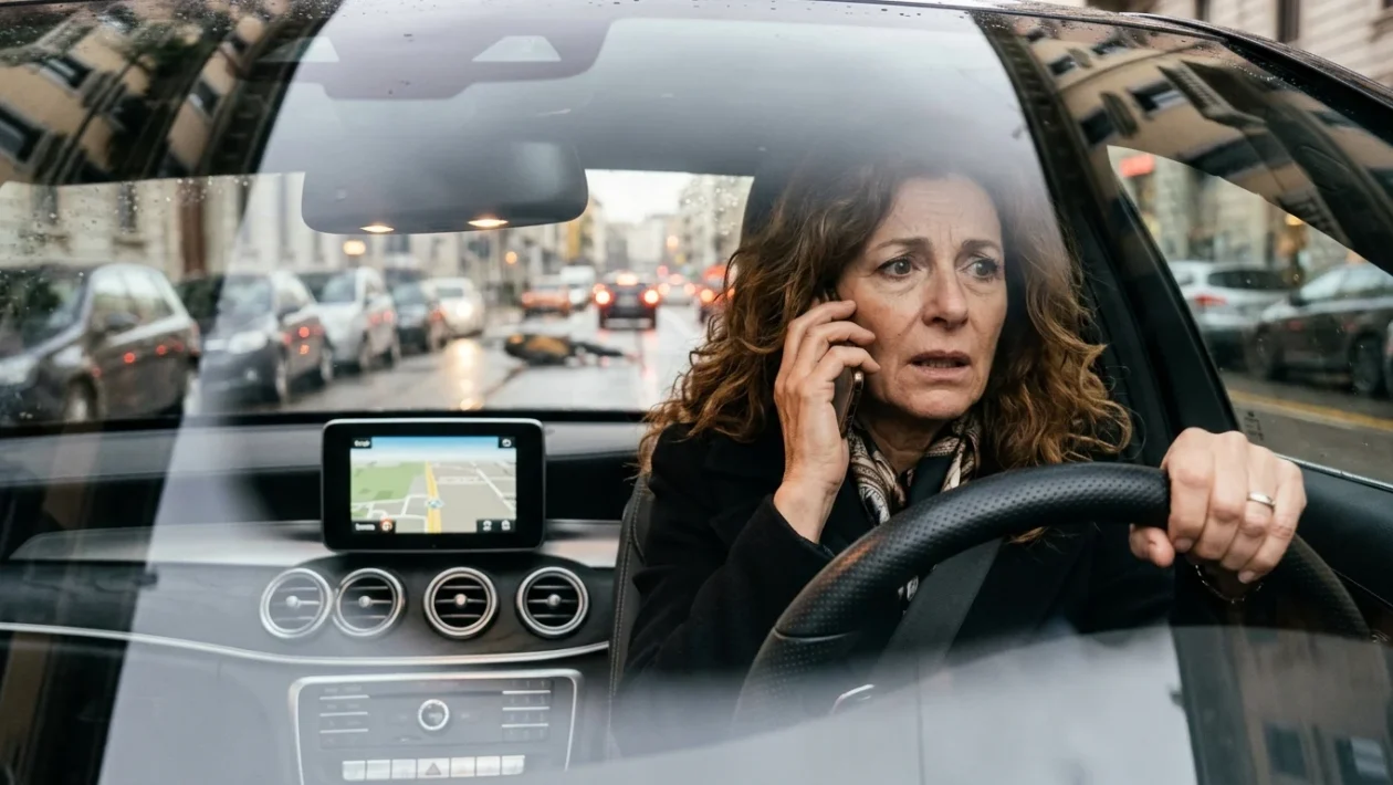 Alba Parietti durante un tragitto in auto a Milano