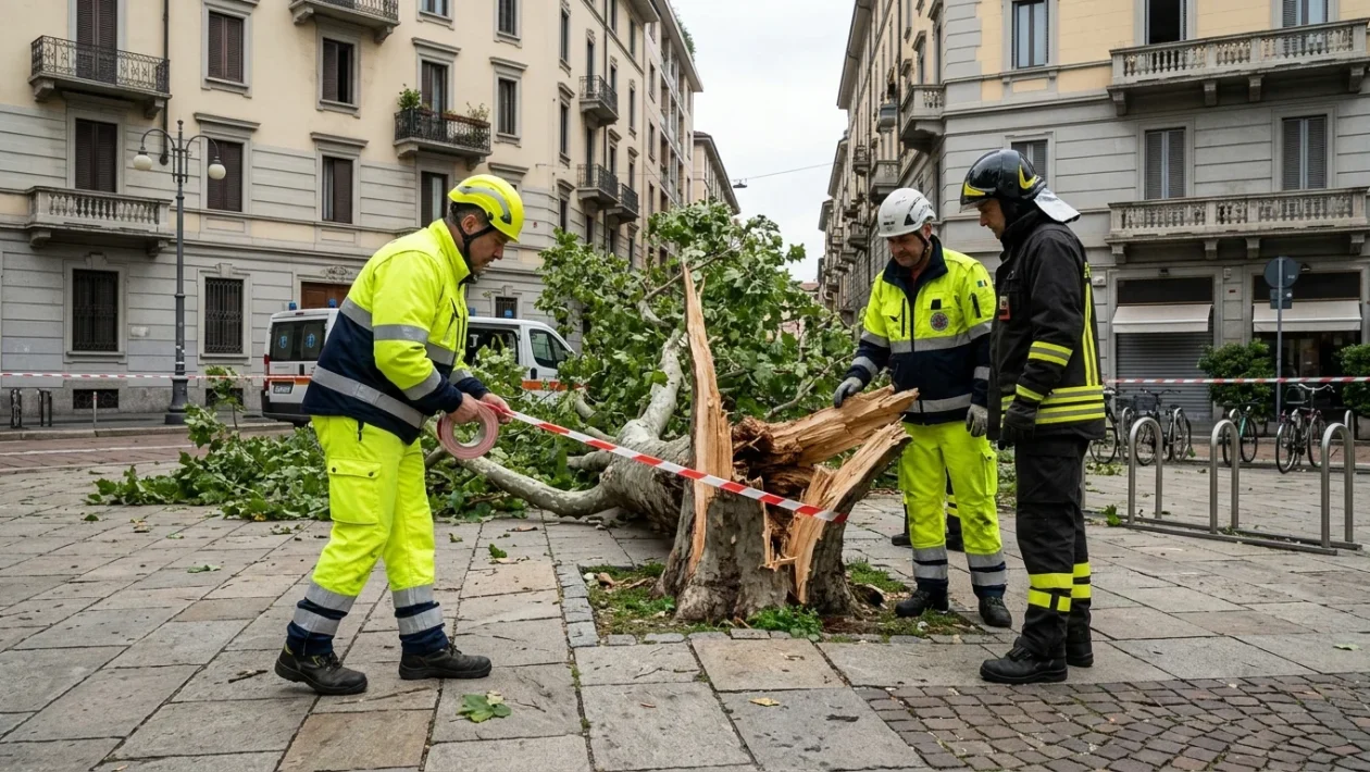 Piazza Risorgimento a Milano dopo il crollo di un albero sui passanti