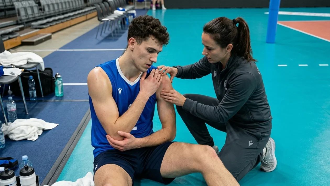 Alessandro Michieletto in campo durante una partita di pallavolo con la maglia azzurra