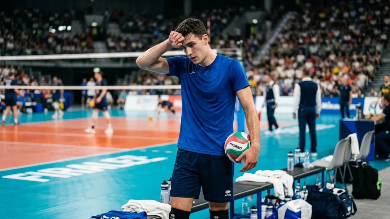 Alessandro Michieletto in azione con la maglia dell'Italia durante la fase a eliminazione diretta