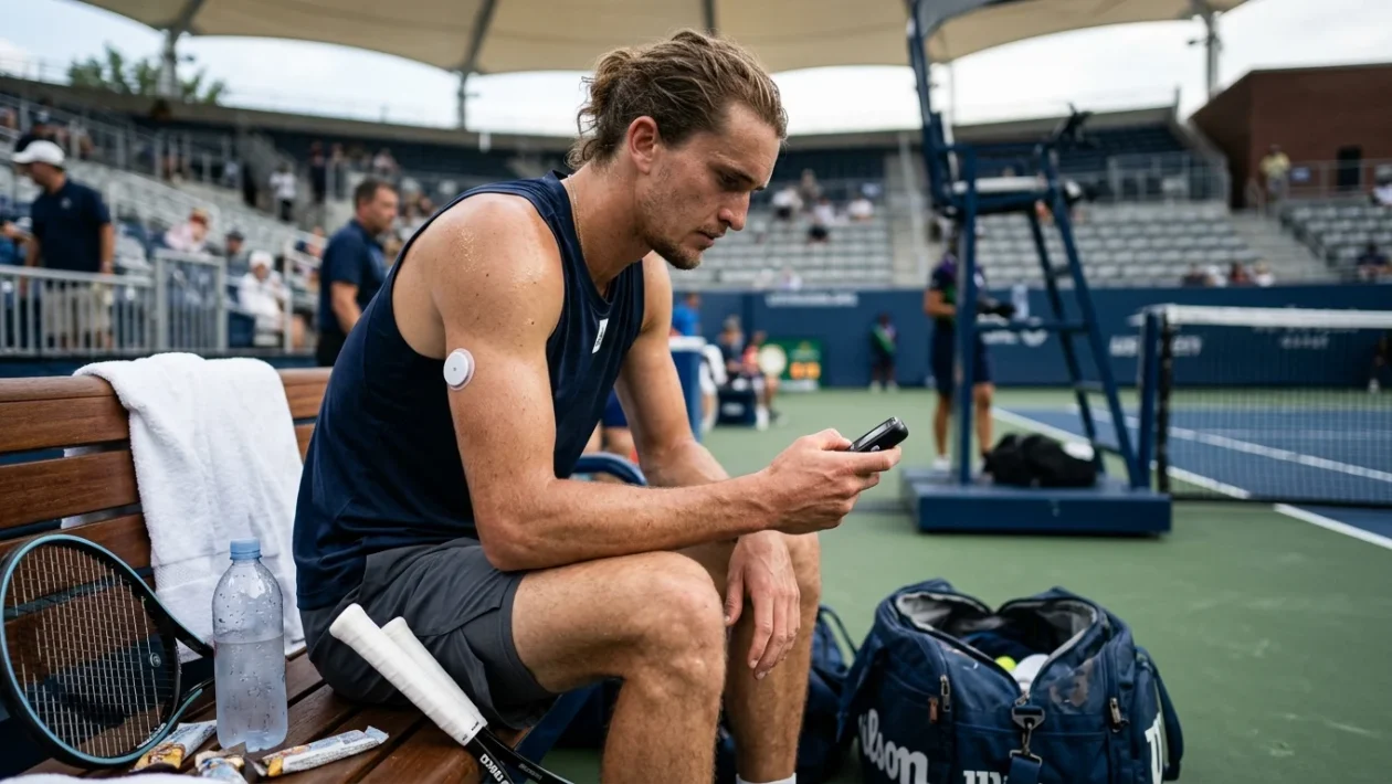 Alexander Zverev durante una pausa a bordo campo mentre controlla i propri dispositivi medici