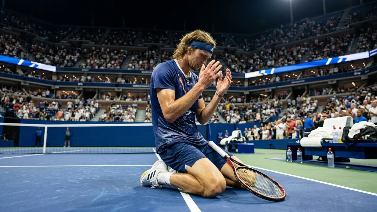 Alexander Zverev celebra sul campo da tennis durante una finale Slam
