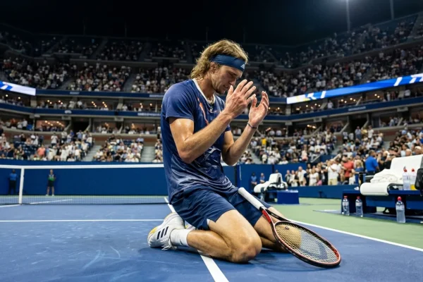Alexander Zverev celebra sul campo da tennis durante una finale Slam