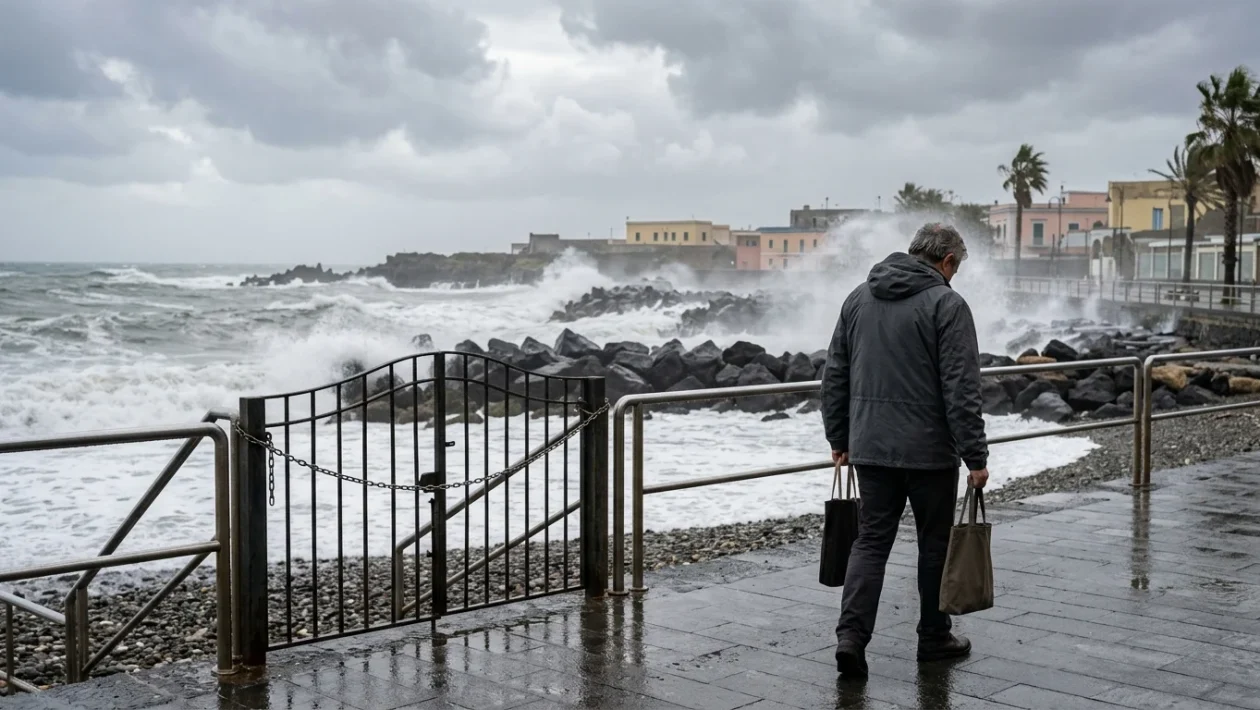 Onde alte e mare agitato sul lungomare di Napoli durante una giornata di forte vento