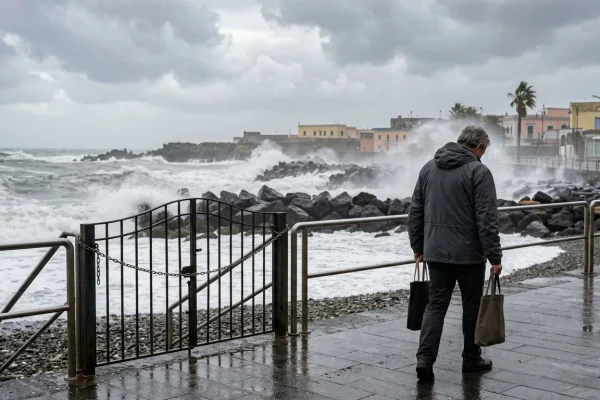 Onde alte e mare agitato sul lungomare di Napoli durante una giornata di forte vento