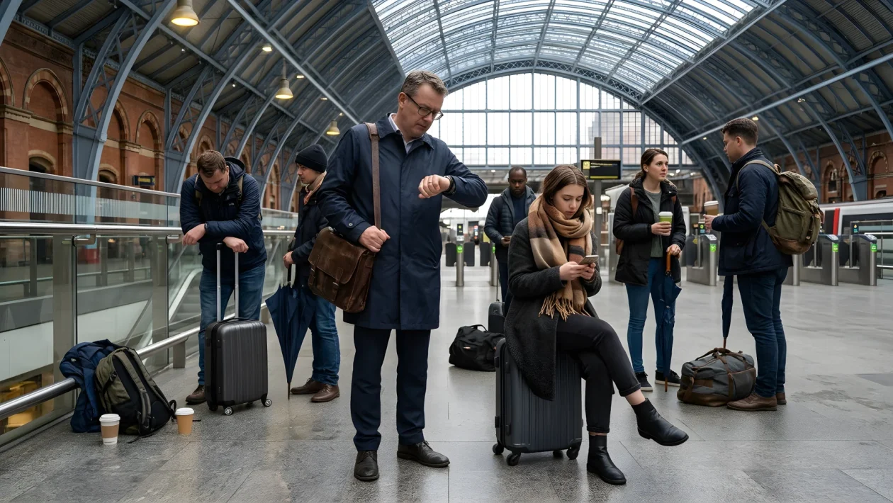 Tabellone partenze in stazione ferroviaria con treni cancellati e ritardi per allerta meteo