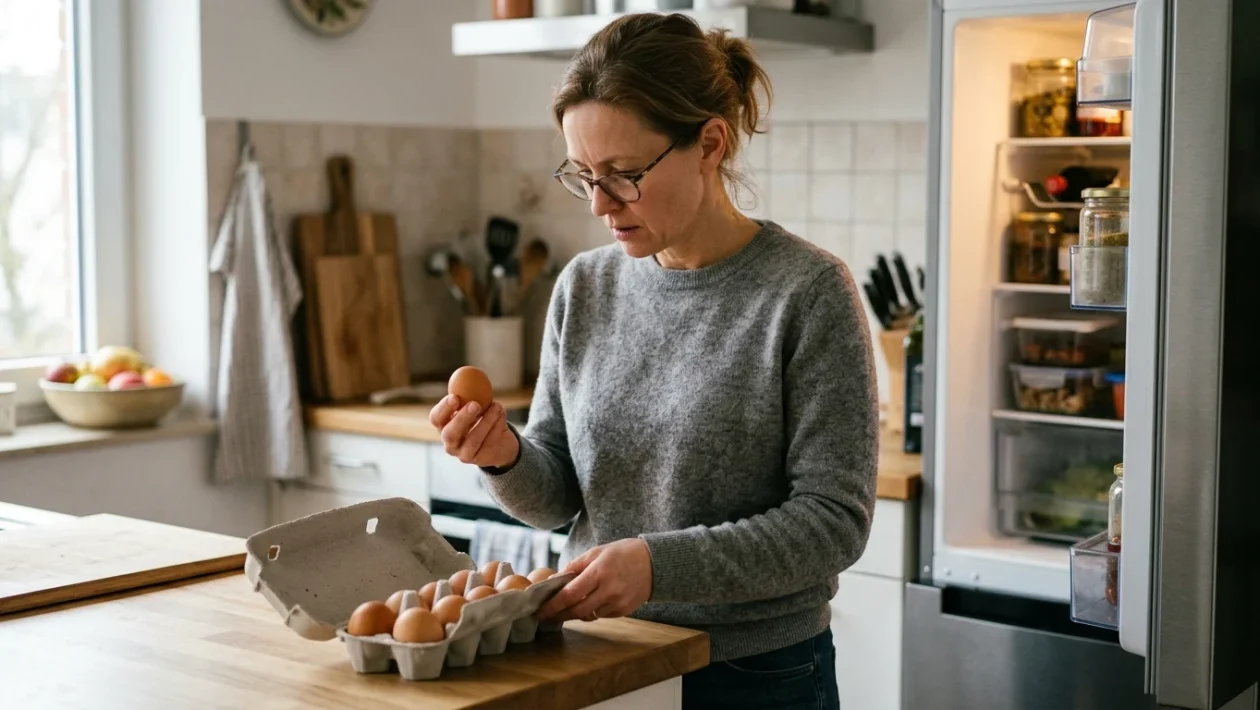 Confezione di uova fresche da allevamento a terra su un ripiano di cucina