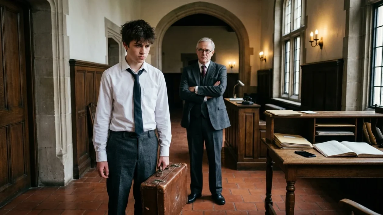 Studente in uniforme scolastica tradizionale davanti alla porta della presidenza