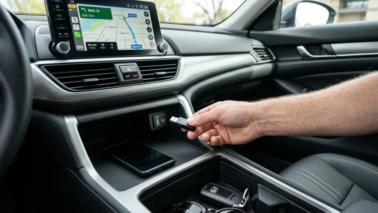 Cruscotto auto con schermo infotainment, smartphone sulla console e adattatore USB collegato
