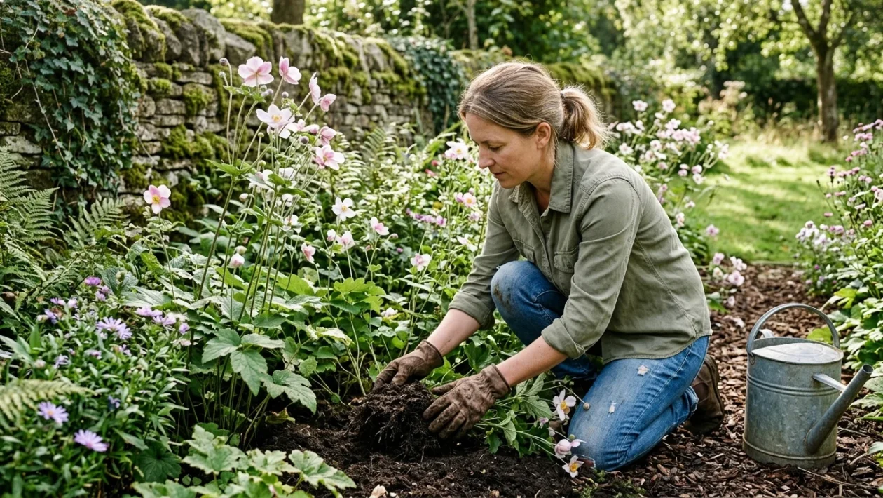 Fiori eleganti di anemone giapponese rosa e bianchi coltivati in un giardino a mezz'ombra
