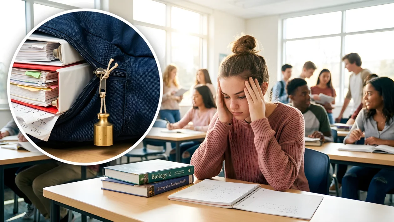 Studente seduto al banco con lo zaino di scuola