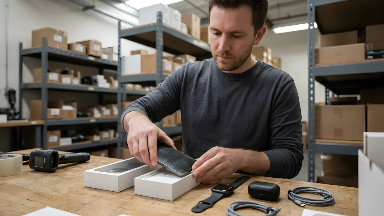 Mani che ripongono uno smartphone in una scatola, con altri dispositivi elettronici e accessori su un tavolo