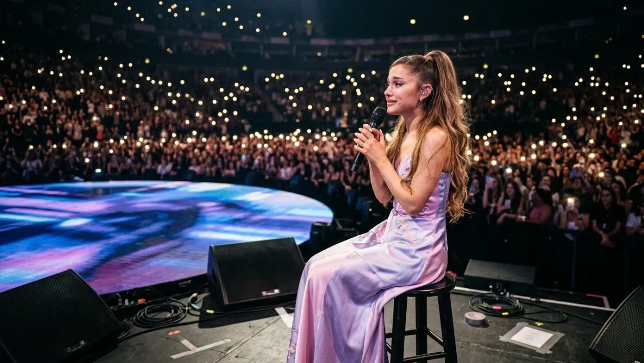 Ariana Grande sul palco durante un concerto dal vivo