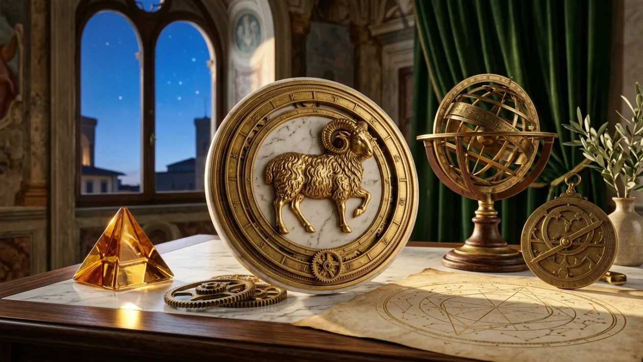 Illustrazione astrologica del segno zodiacale dell'Ariete con costellazioni dorate nel cielo notturno