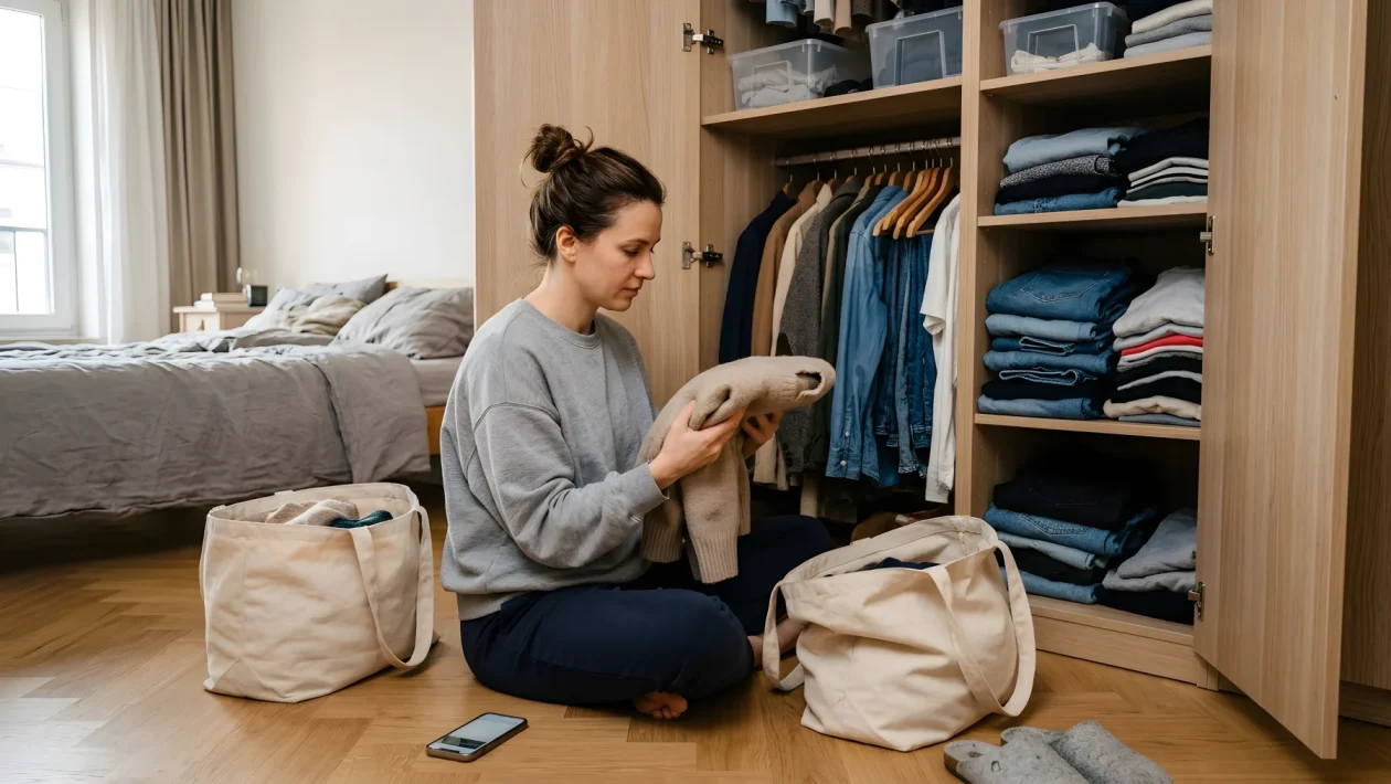 Armadio ordinato con capi d'abbigliamento appesi e ben organizzati