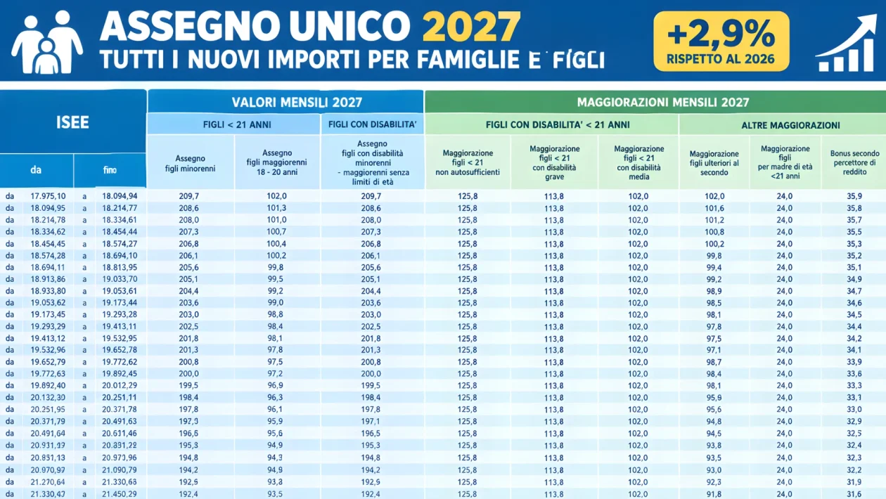 Assegno unico 2027, scatta la rivalutazione al 2,9%: fino a 104 euro in più a figlio